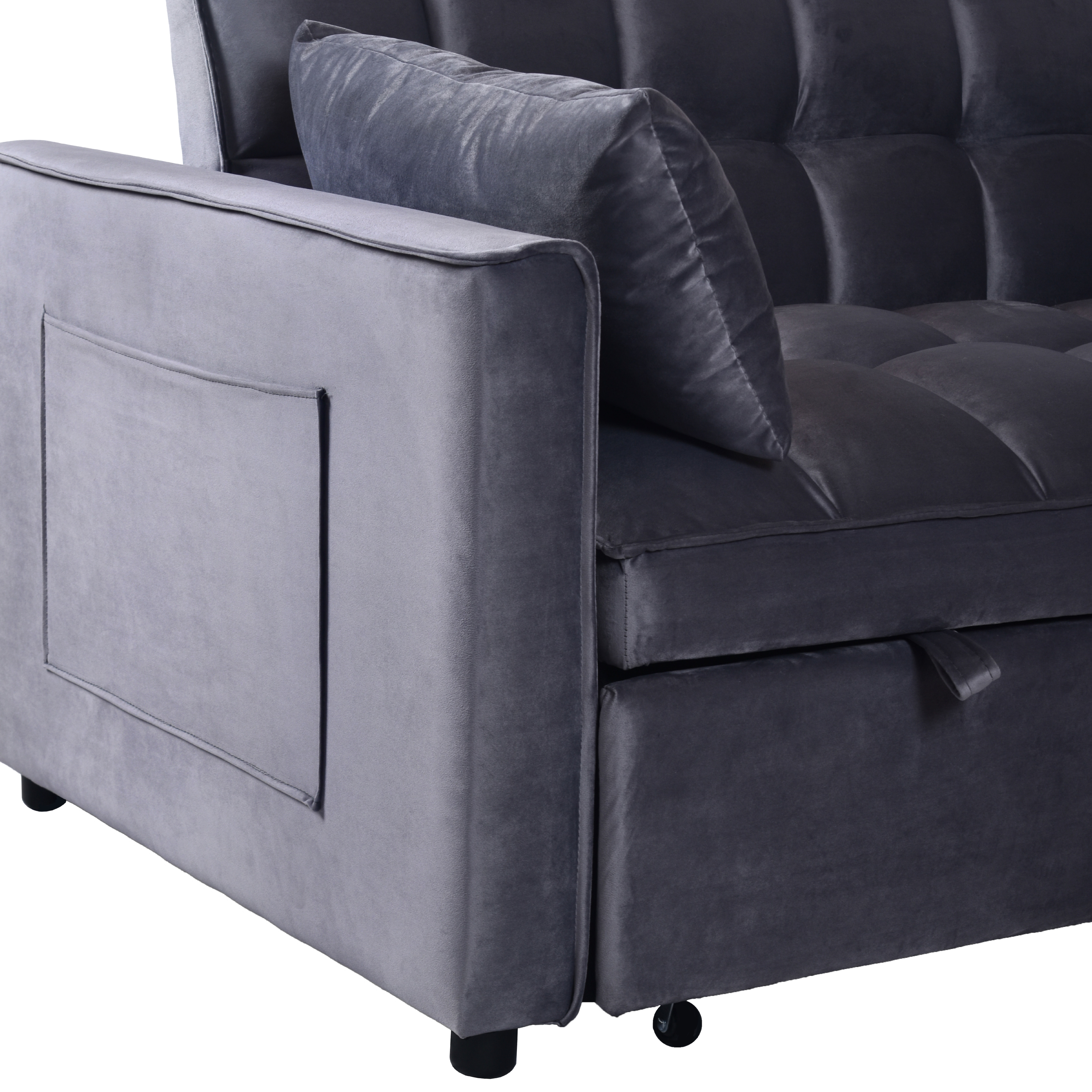 Convertible Sofa Bed, 3-in-1 Velvet Sleeper Sofa Couch With Pullout Bed, Pull Out Couch With Side Pockets And Adjustable Backrest, Sectional Sofa For Living Room, Grey, Made In Vietnam_maomaolike.com